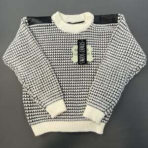Vintage Street Scenes Sweater Mens Large White Black Leather Patch Knit Acrylic